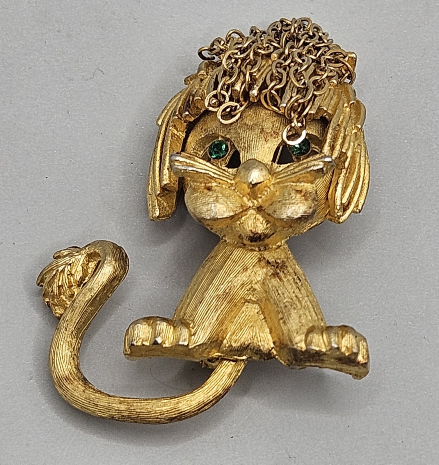 Vintage Gold Plated Rhinestone Lion Cub Brooch Pin Chain Dangle R Mandle Jewelry
