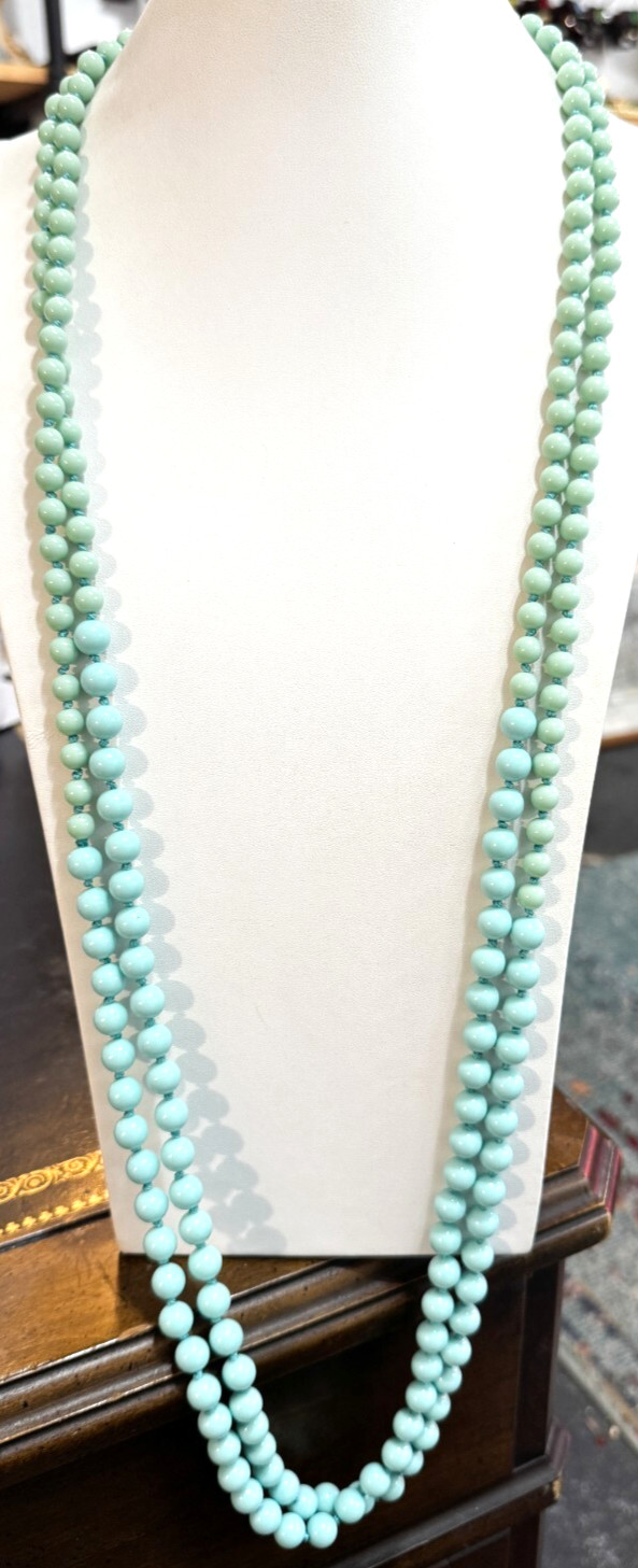 Vintage Hand Knotted Green Blue Two Tone Extra Long No Clasp Layering Necklace