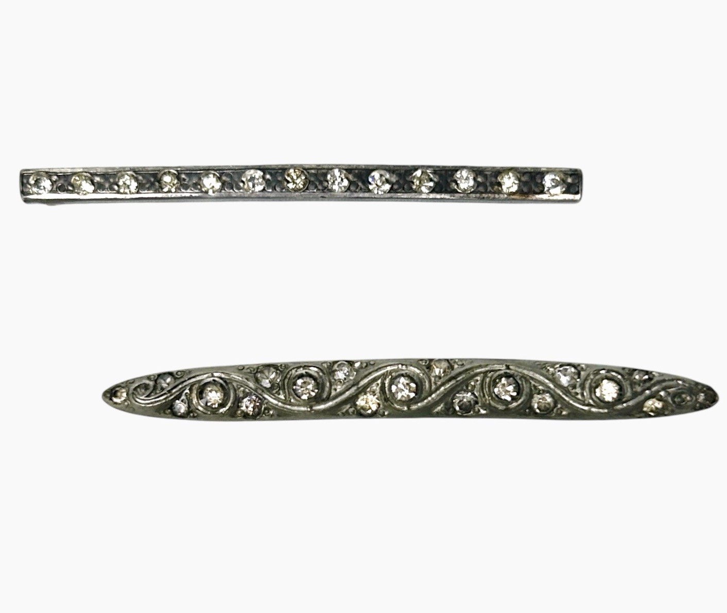 2 Antique Bar Brooch Pins Art Deco Era Paste Stones 1 Glass 1 Pot Metal