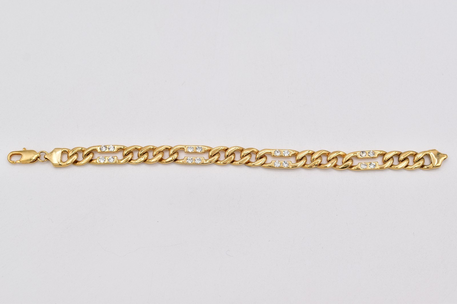 Vintage 8.5″ Gold Cuban Link Bracelet Rhinestone Crystal Figaro Chain Y2K BinAD