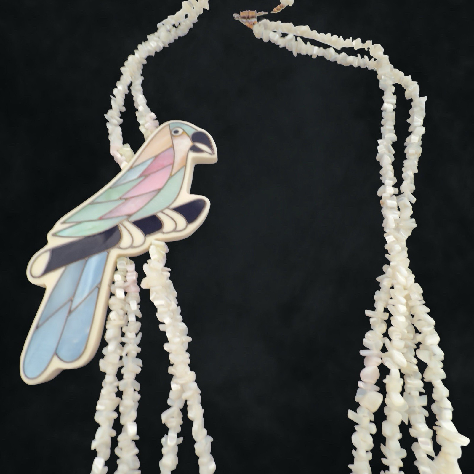 Vintage HUGE 4.5″ Inlay Parrot 🖤 Bird Shell MOP Abalone Shell Layered Necklace