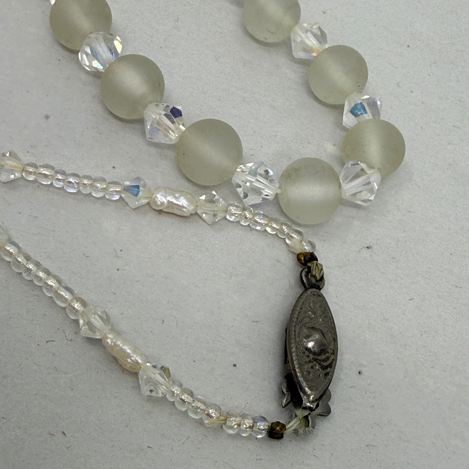Vintage Frosted Glass AB Crystal Pearl Beaded Necklace Filigree Clasp Iridescent