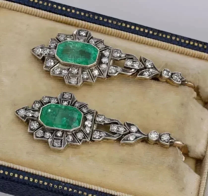 Art Deco Vintage Wedding Earrings 2.7 Ct Simulated Emerald 14K White Gold Over