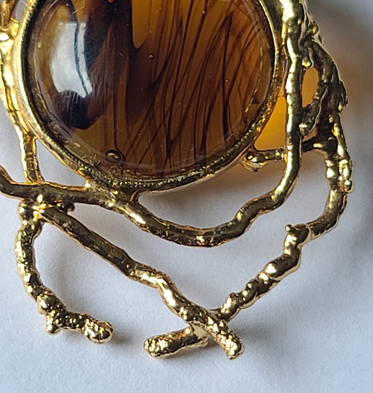VTG Brutalist Modernist Goldtone Branches Swirl Glass Brooch Pin & Earrings Set