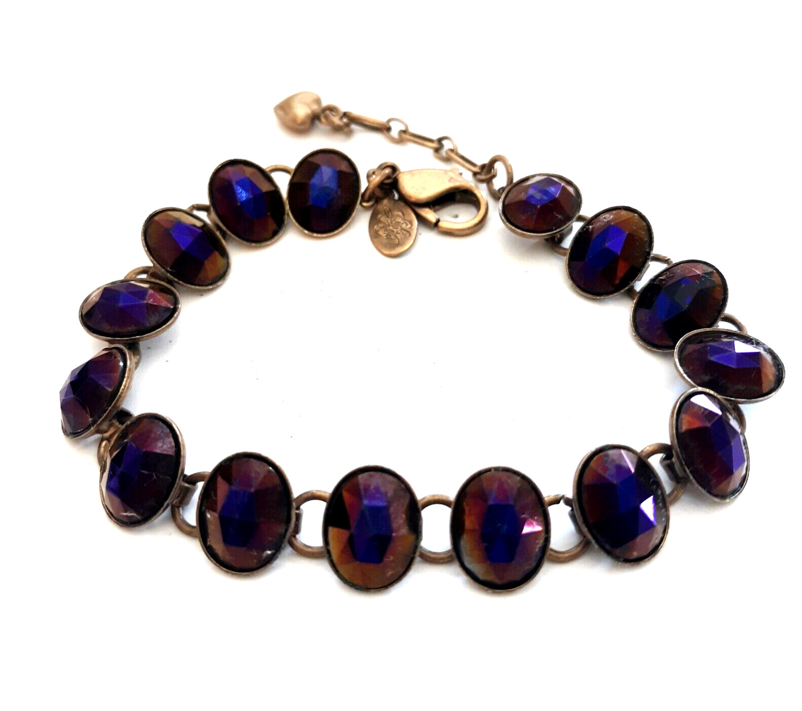 Kirks Folly Crystal Station Bracelet Deep Purple Antiqued Gold Tone Heart Charm