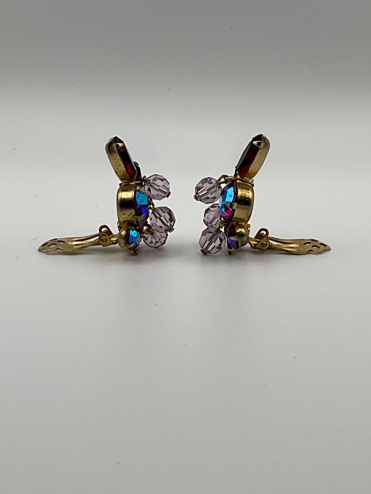 Signed Kramer Ruby Red AB Rhinestone Dangle Clip On Earrings VTG