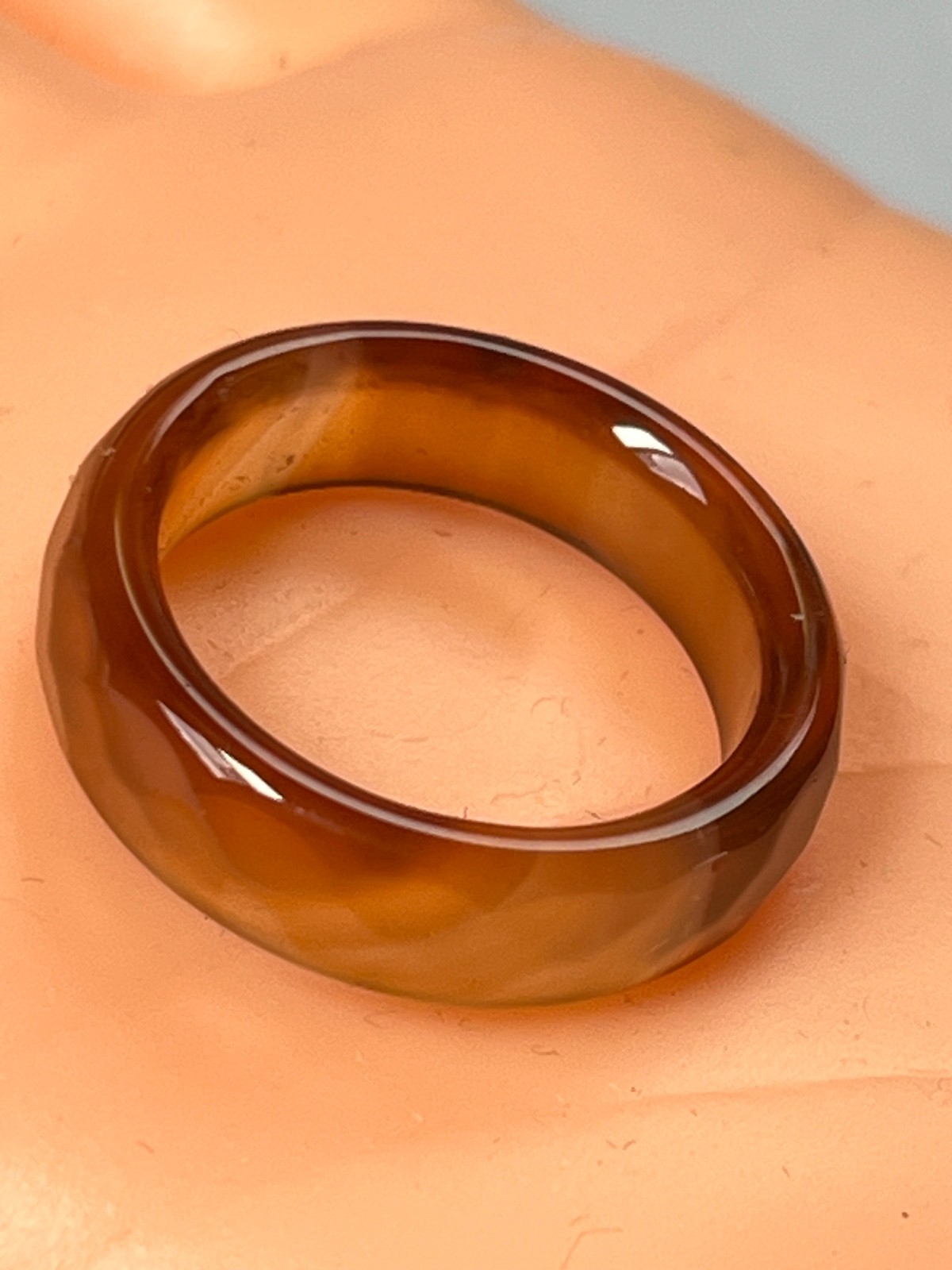 Cream & Amber Faux Carved Stone Faceted Plastic Stacking or Not Band Ring Sz 6.5
