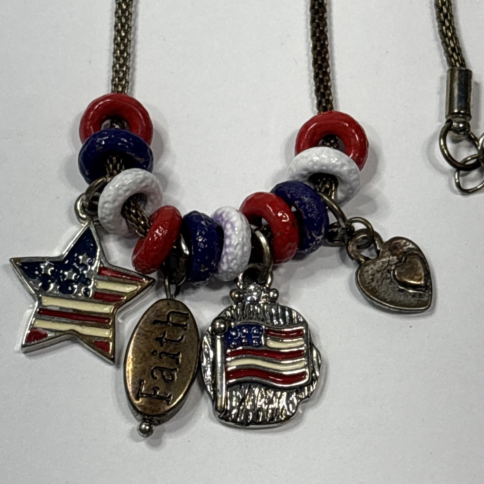 Patriotic Charm Necklace 4th of July Flag 18” Popcorn Chain Red White Blue