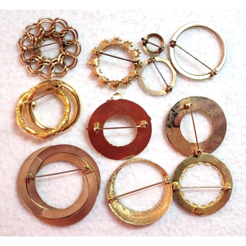 Vtg Circle Goldtone Brooch Lot Freirich Beau Jewels Round Pearls 50s 60s 70s 80s