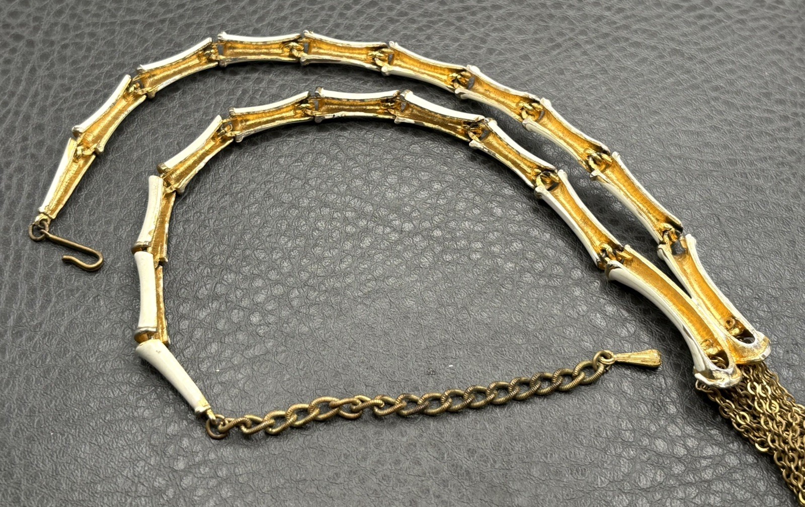 Vintage Unique Chain Tassel Bamboo White Enamel Fringe Drop Estate Necklace