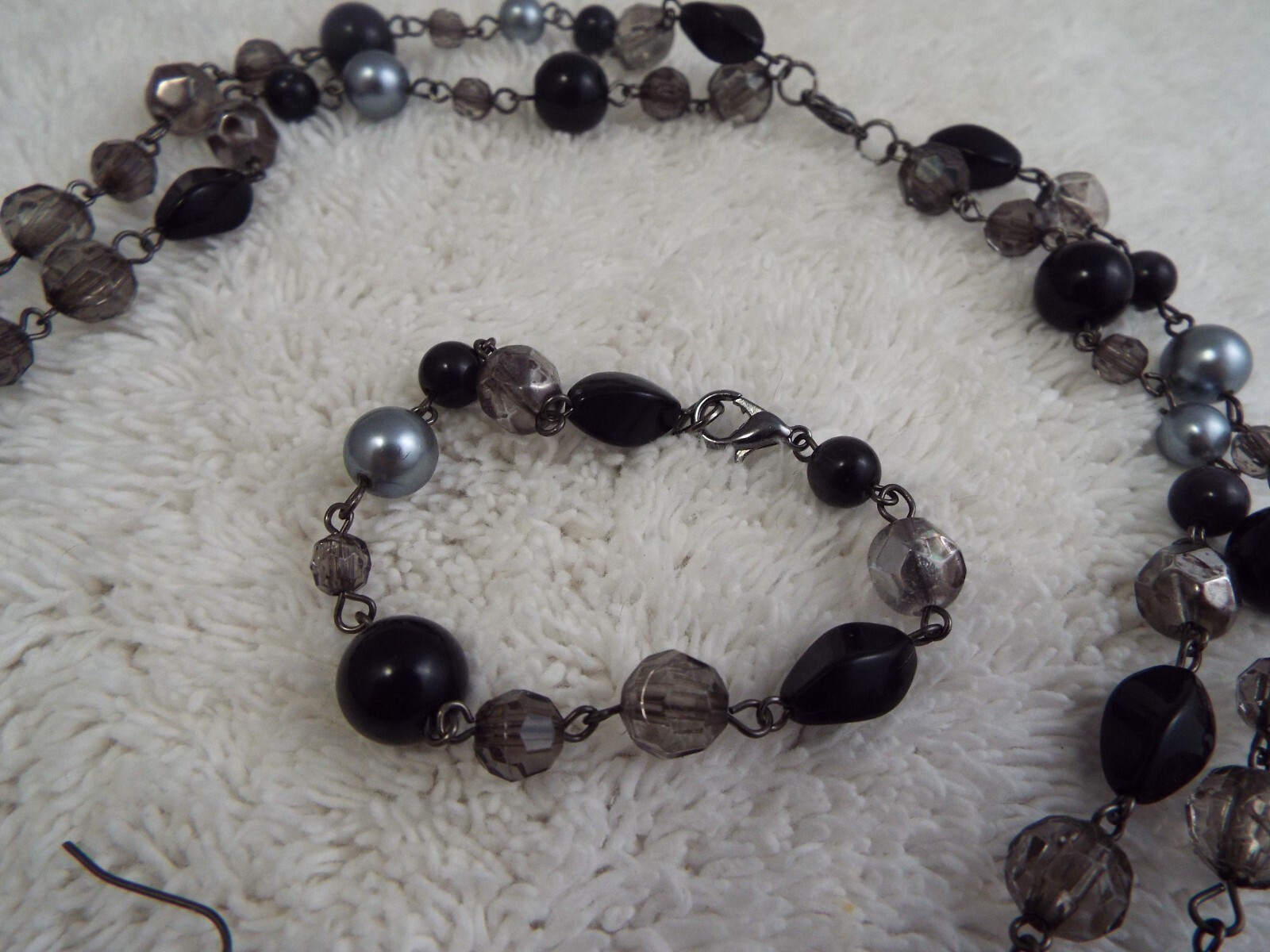 Black Gray Bead Double Gunmetal Chain Necklace + Bracelet + Earrings (F38)