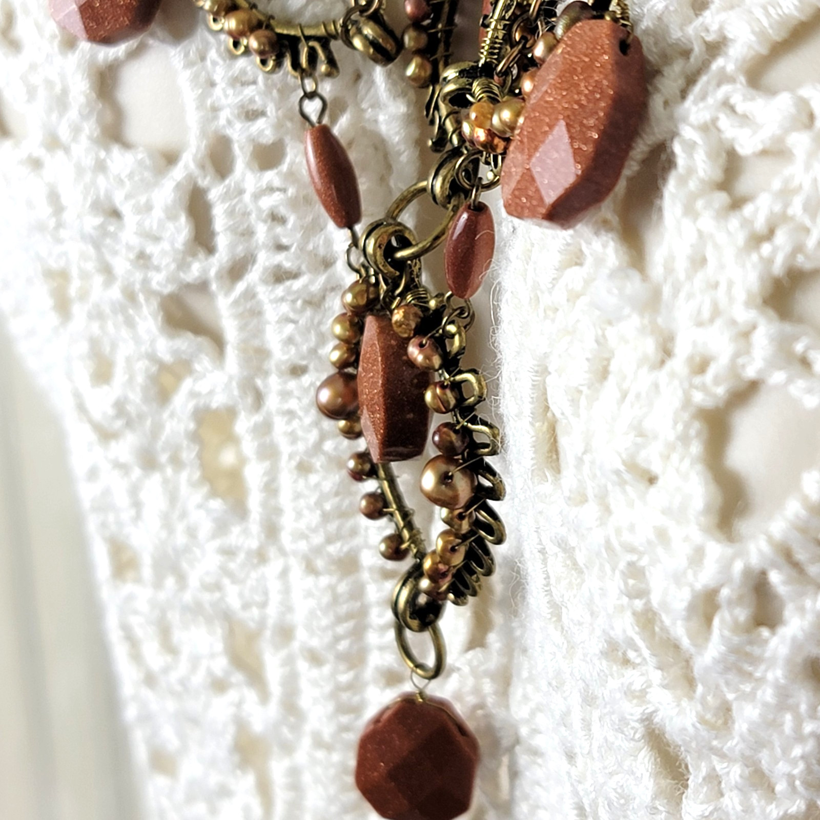 Vintage Coldwater Creek Goldstone and Pearls Bronze Tone Bib Festoon Necklace