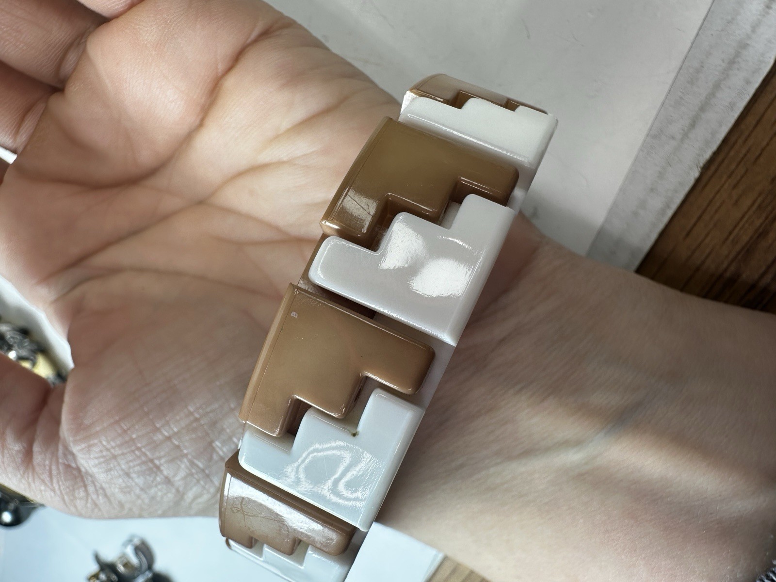 Vintage Bracelet Puzzle Western Germany Plastic White Brown Bangle