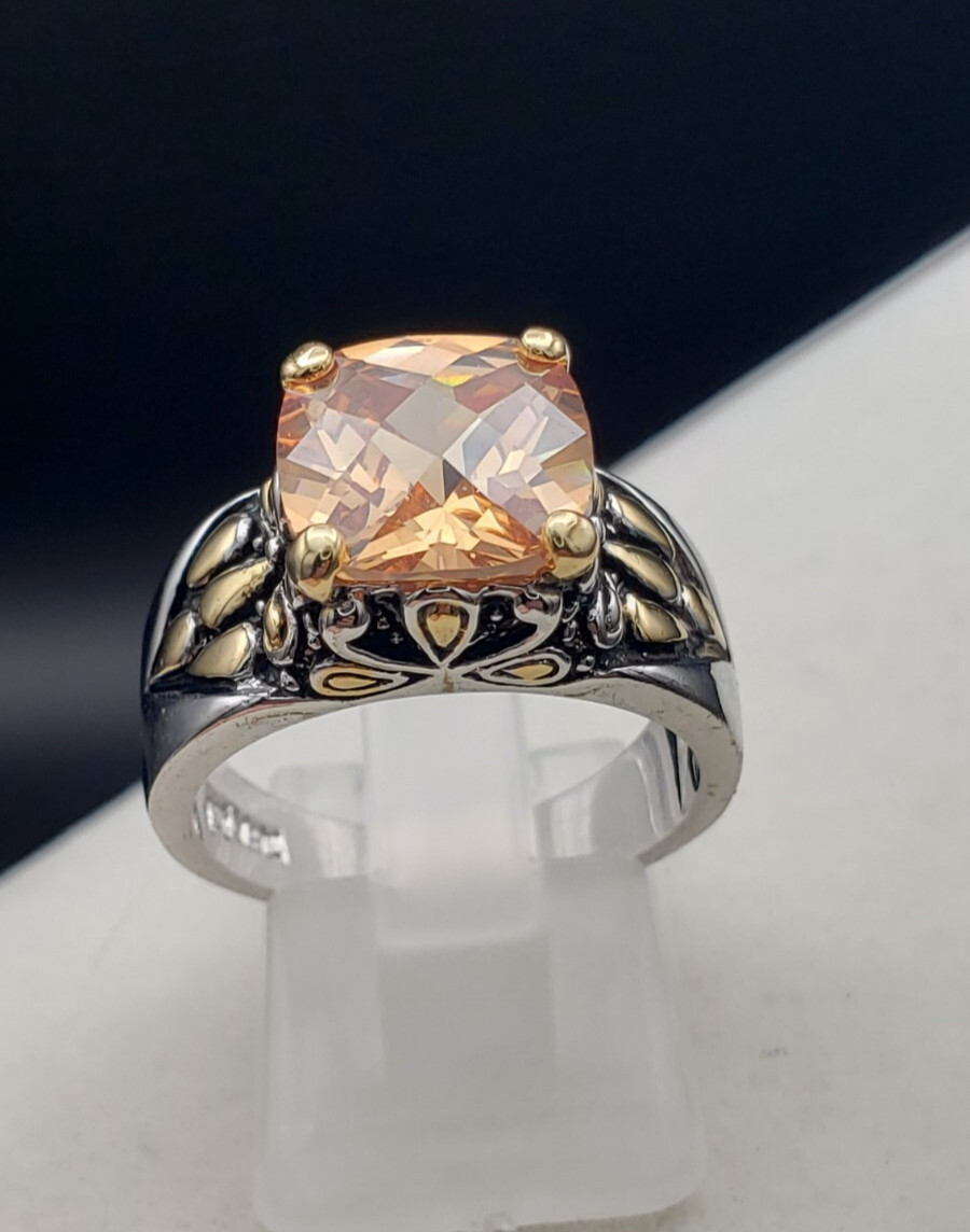 Vintage 18K White Gold Plated Cushion Cut Champagne CZ Floral Ring Size 7.75
