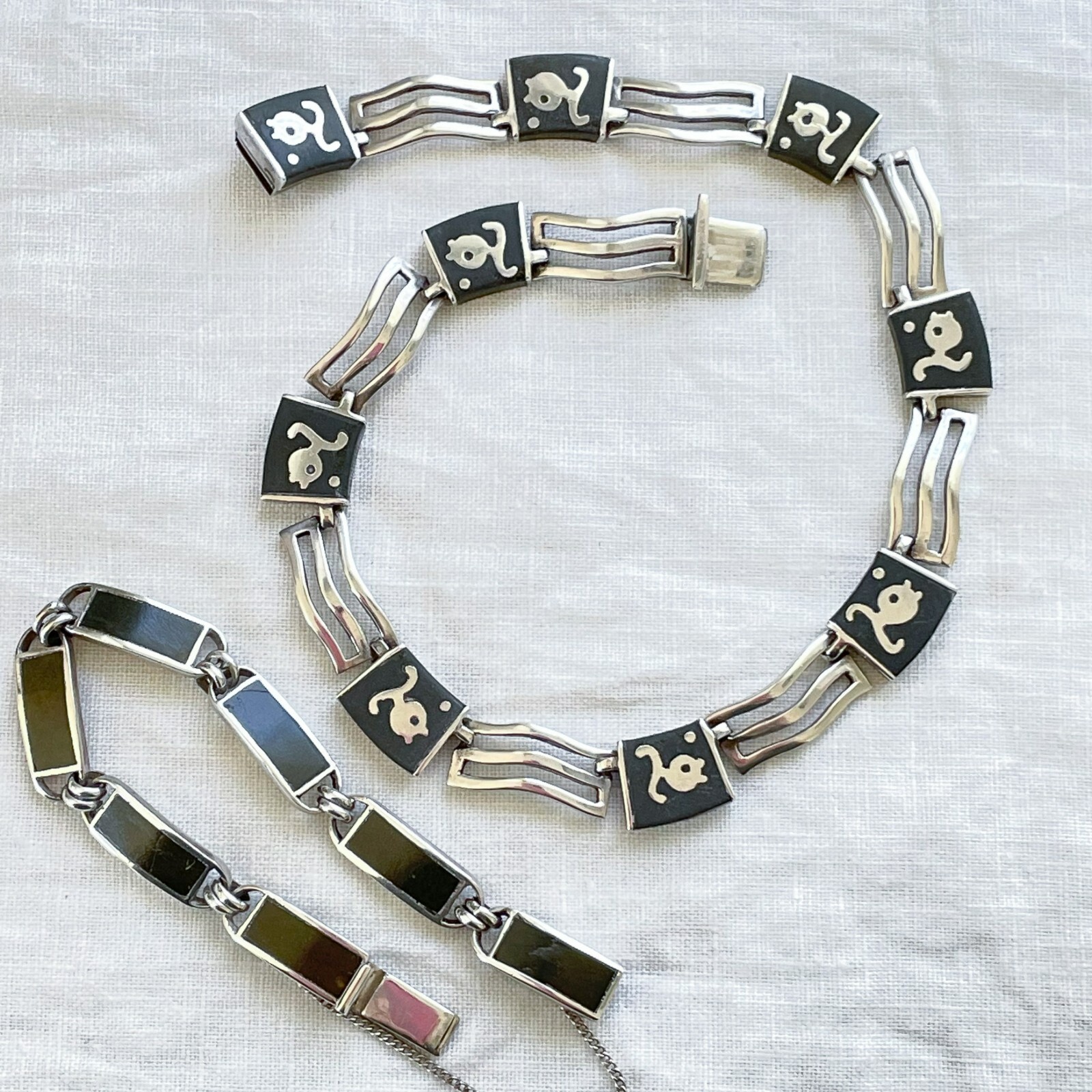 Vintage Los Castillo Onix Negro Fish Necklace/Bracelet Set, Sterling Silver Onyx