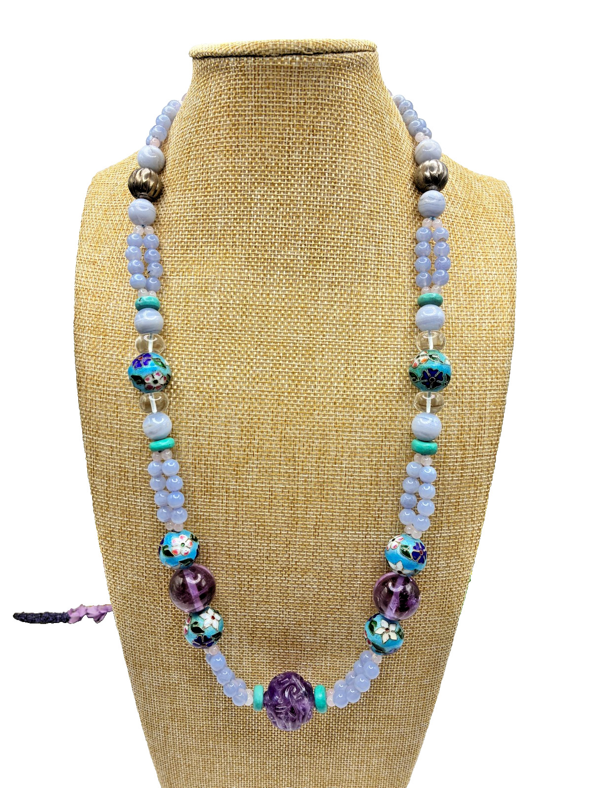 Amazing Chinese Enamel Silver Cloisonne Amethyst Turquoise Blue Agate Necklace