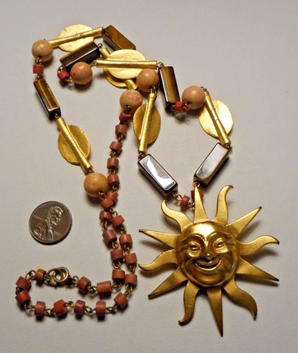 1970s Alva Museum Replicas Tiger’s Eye Stone Bead Necklace w Smiling Sun Pendant