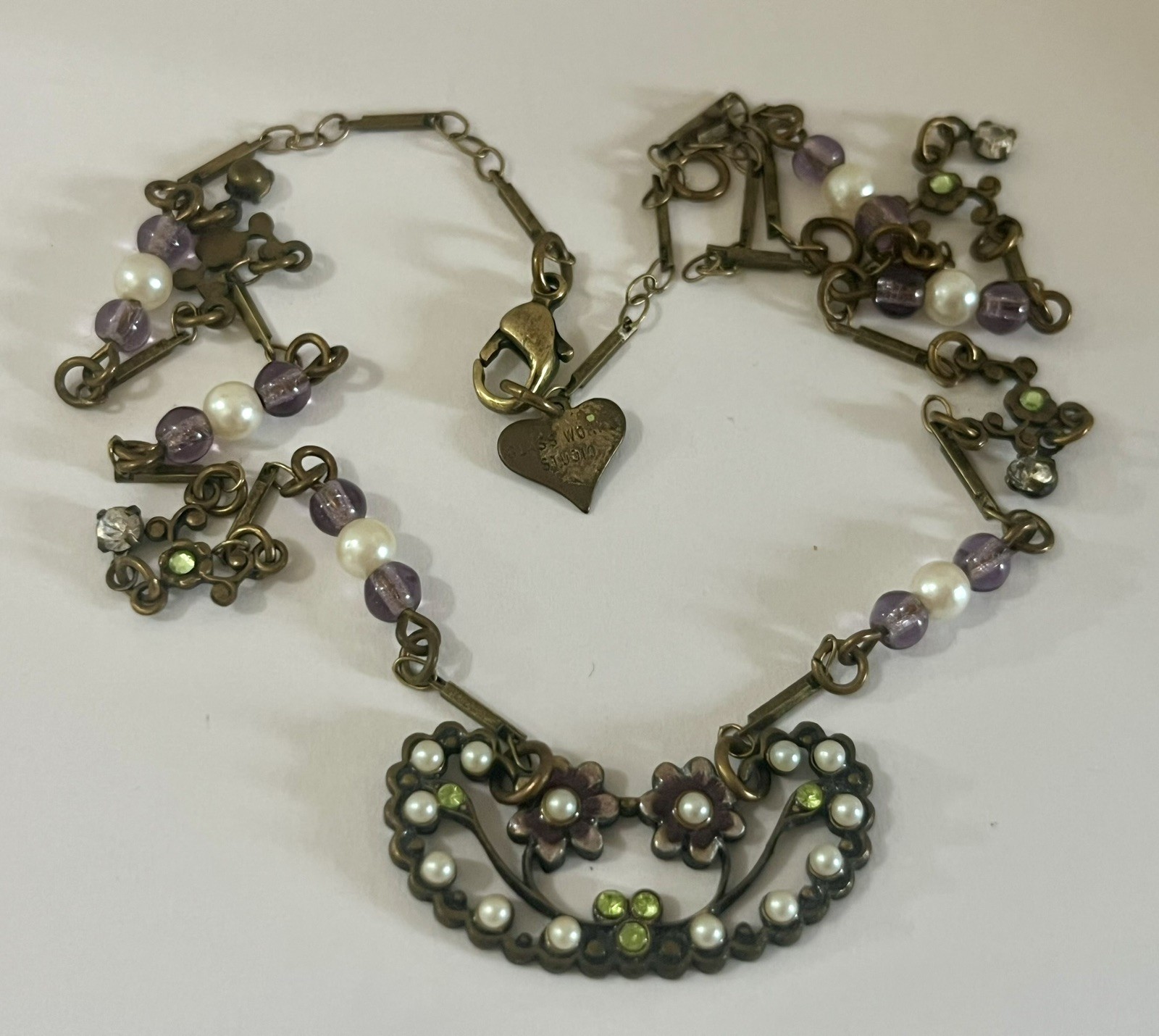 Glass Works Studio Signed Necklace Vintage Hang Tag Flowers Enamel Faux Pearl