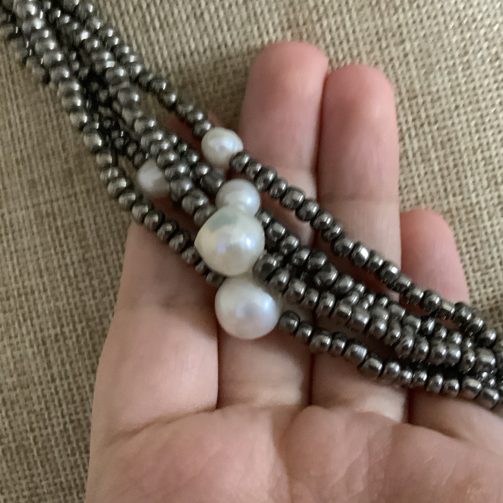 Signed Julea necklace gray glass seed beads and fresh water pearl necklace