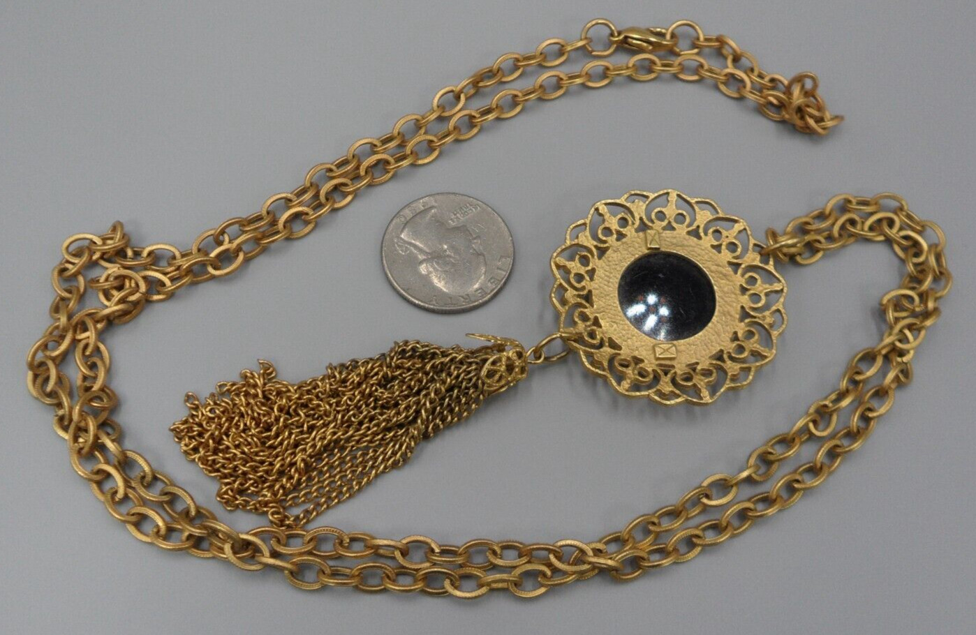 Victorian Revival Tassel Pendant Necklace Cannetile Filigree Hearts Long Chain