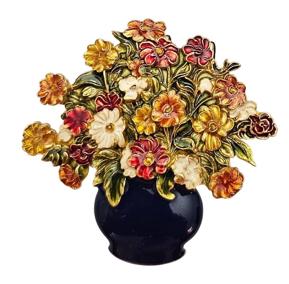 MFA Vase of Flowers Brooch, Multi-Colored Enamel Bouquet Pin Signed J790