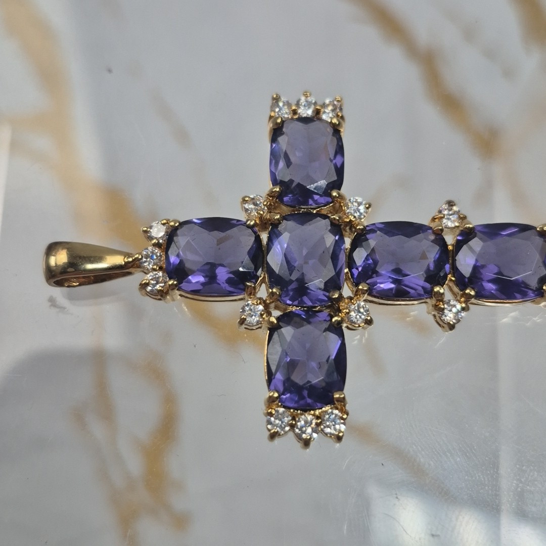 Vintage Sterling Silver 925 Gold Plated Cross Pendant Faceted Purple Stones Jtv