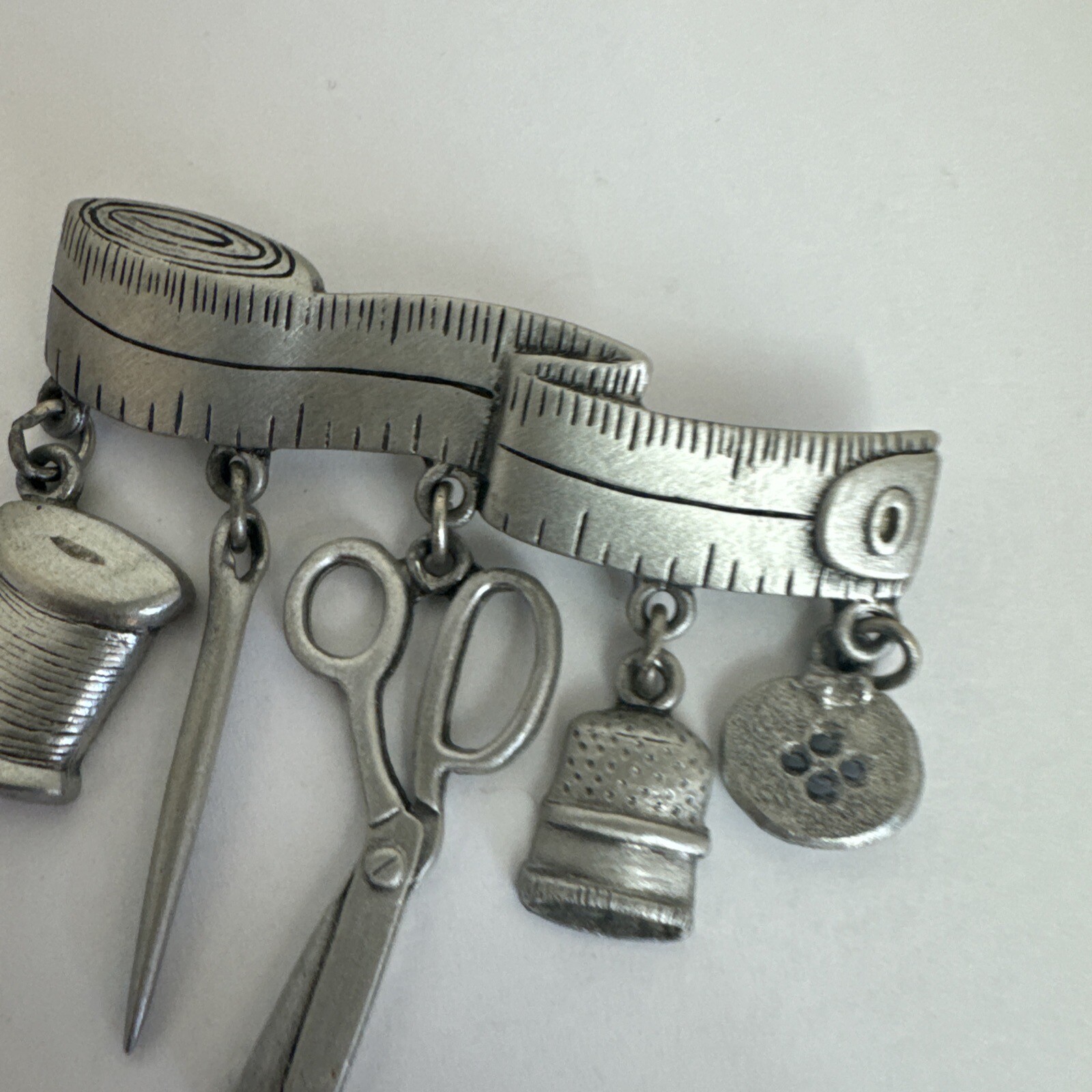 JJ Sewing Brooch Pewter Tape Measure With 5 Dangles