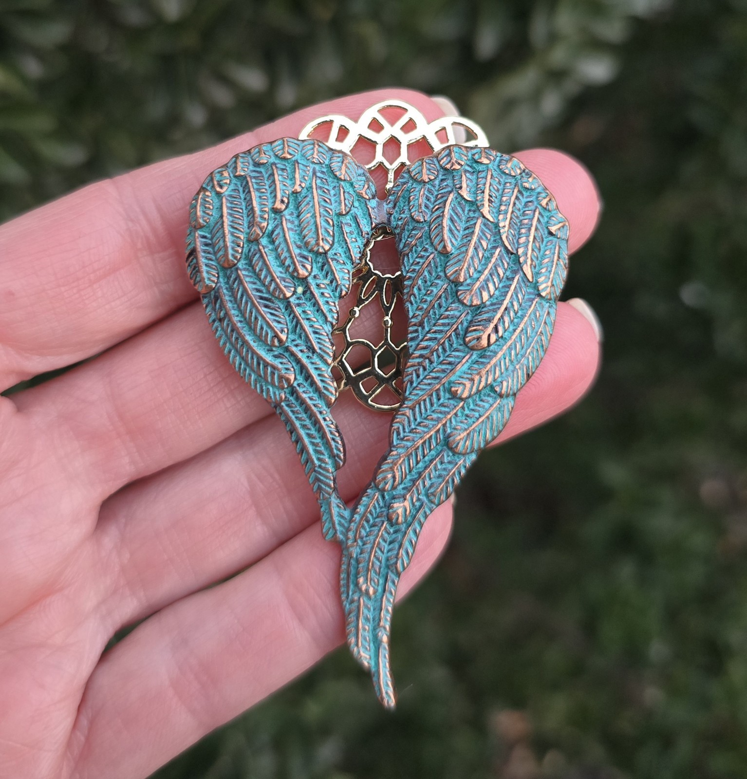 Magnetic Angel Wings brooch, copper patina. Angel heart brooch Remembrance gift
