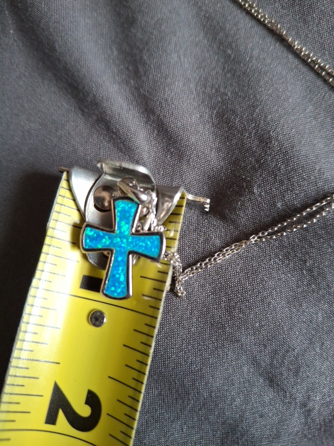 Blue Opal Inlay Rounded .925 Sterling Silver Cross + 18″ Link Silver Chain Italy