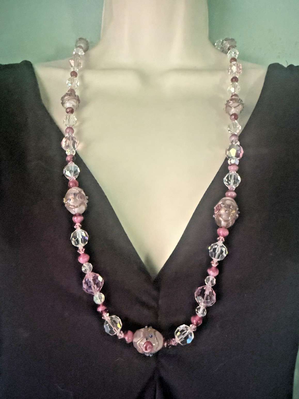 Vintage Venetian Wedding Cake Pink Glass Faceted Crystal Beads Long 31″ Necklace