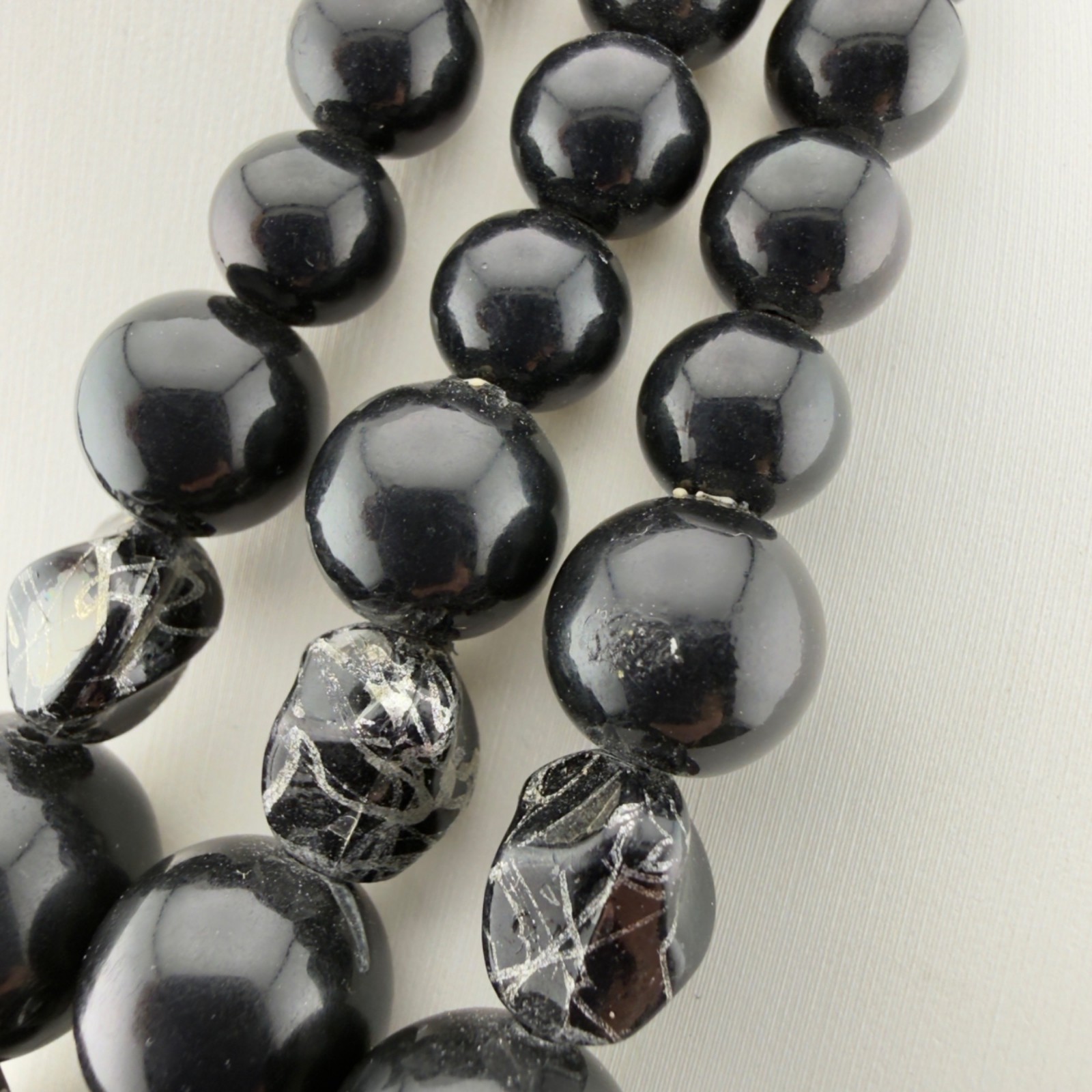 Vintage Beaded Statement Necklace Black Silver Acrylic Multi Strand