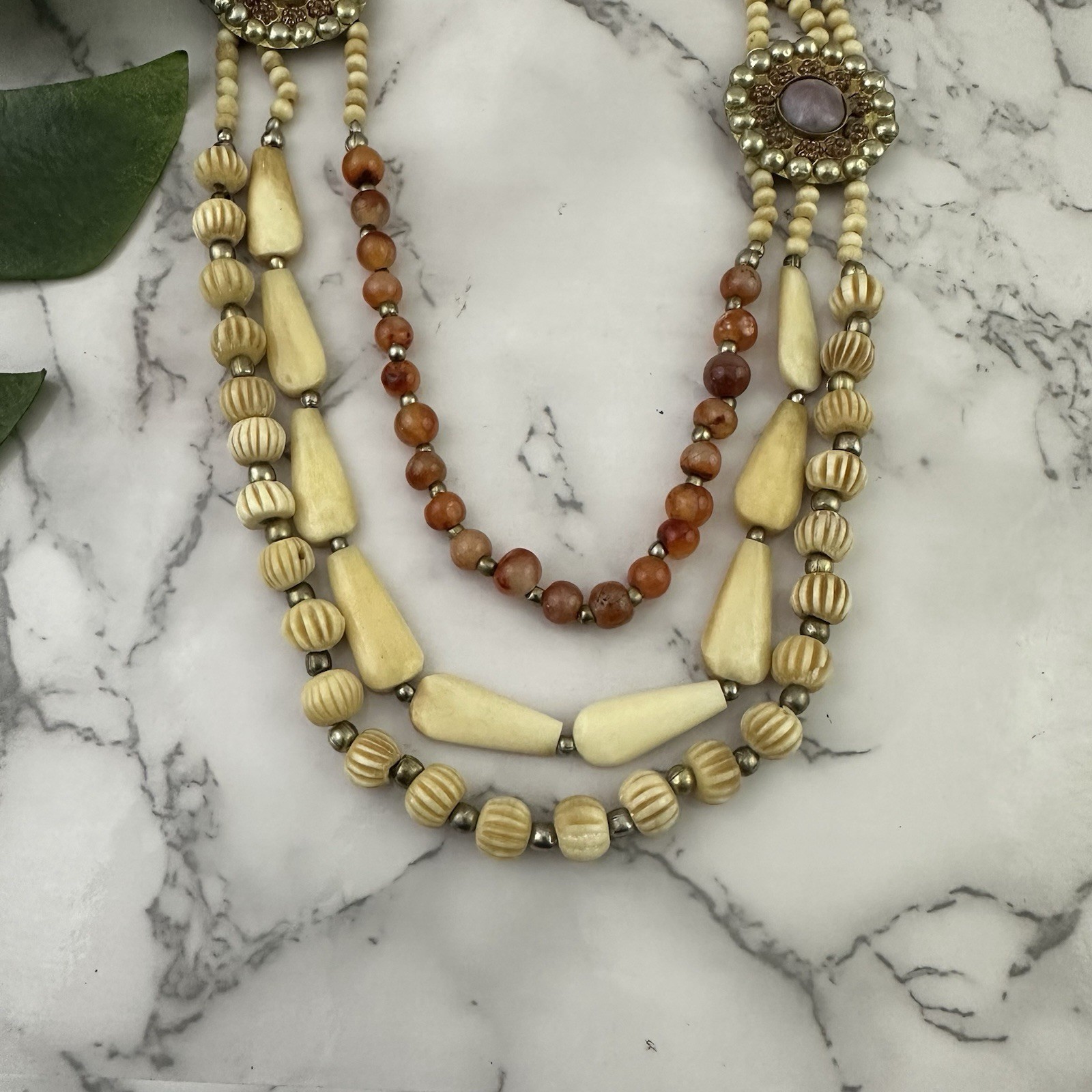 Vintage 70s Boho Layered Beaded Necklace Cream Orange Medallion Whimsygoth