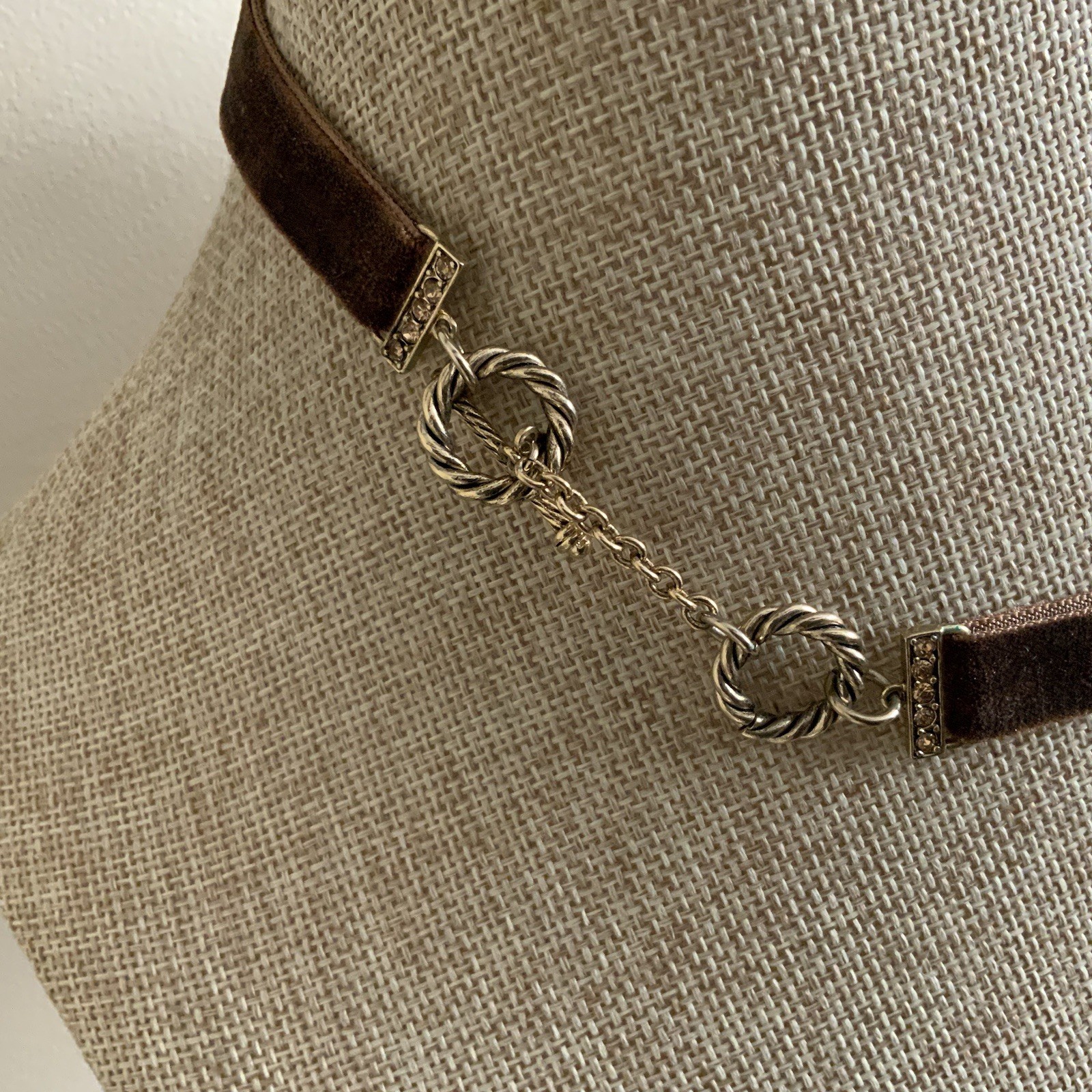 Modern MONET brown green faux pearl double strand velvet ribbons necklace