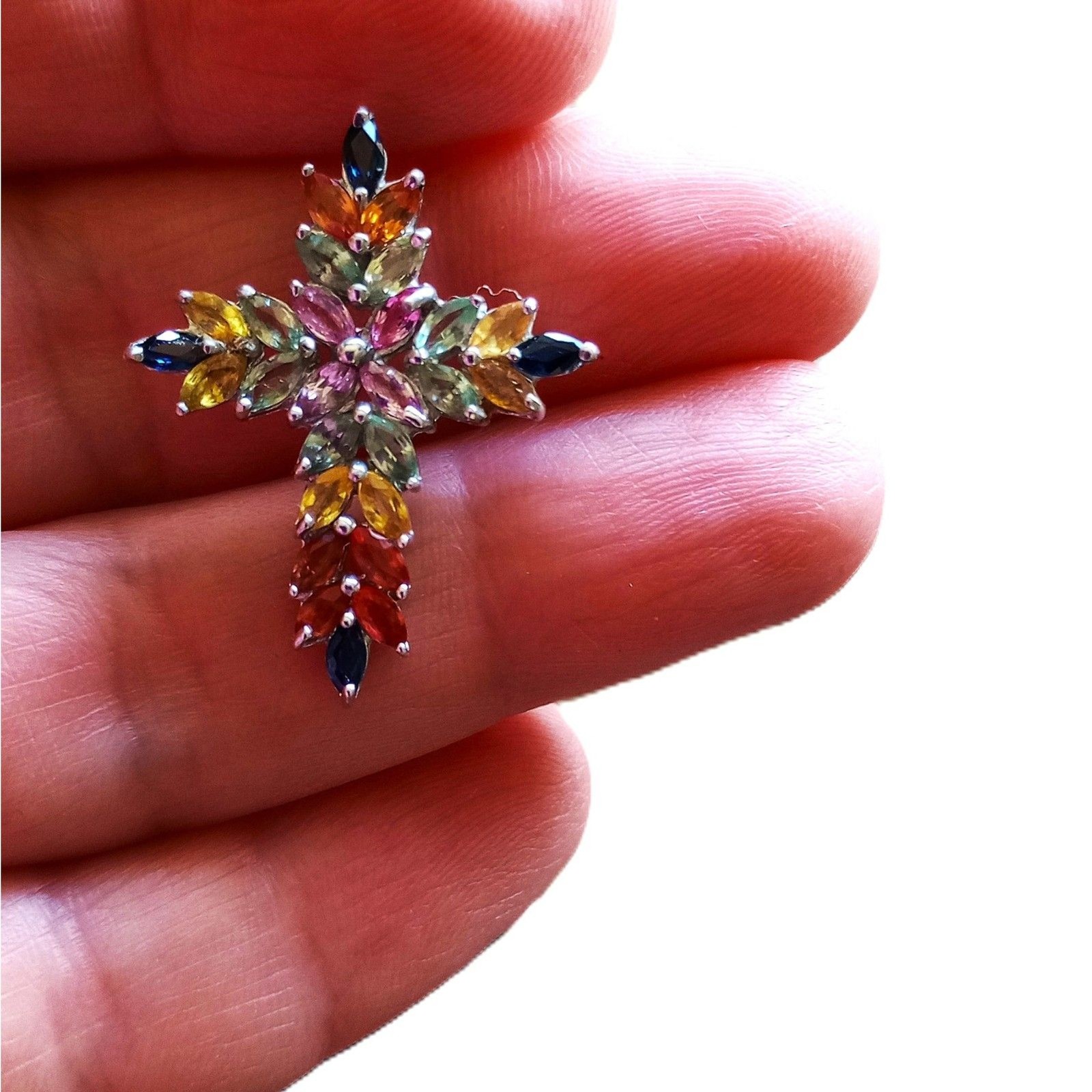 Sapphire Cross Pendant Prong Set Sterling Silver Multi Color pear cut 2.28g