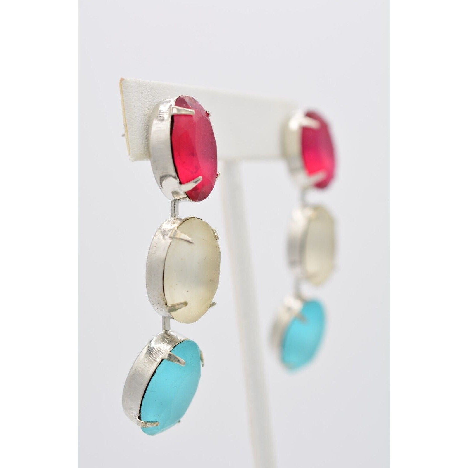 Vintage Frosted Crystal Drop Earrings Dangle Hot Pink White Blue Chunky 80s A19
