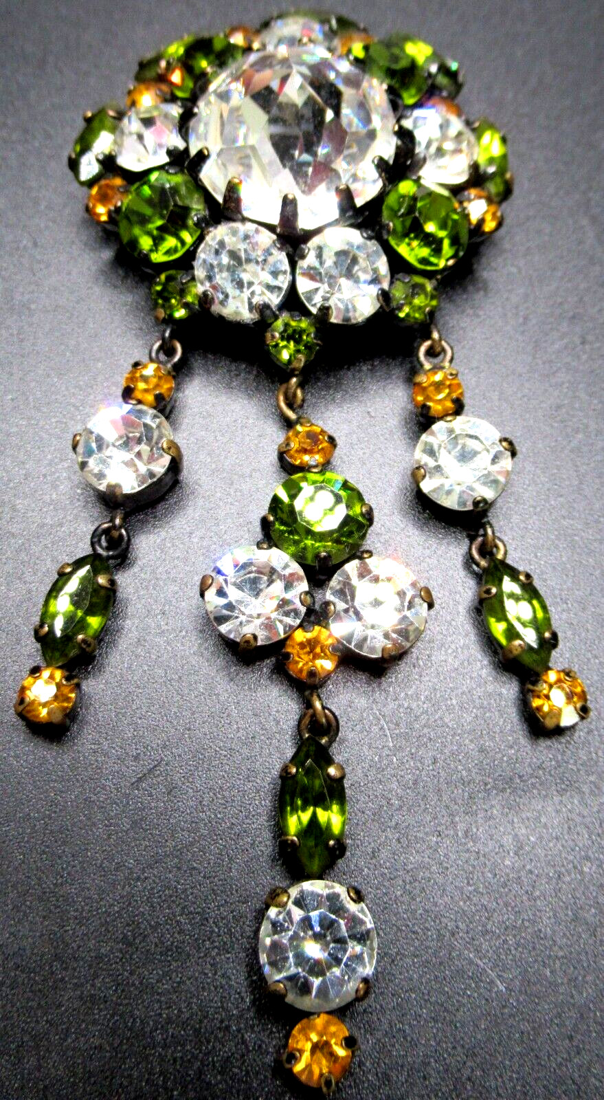 Austrian, French or German Dangling Green Yellow & Ice Rhinestone 1950’s Brooch