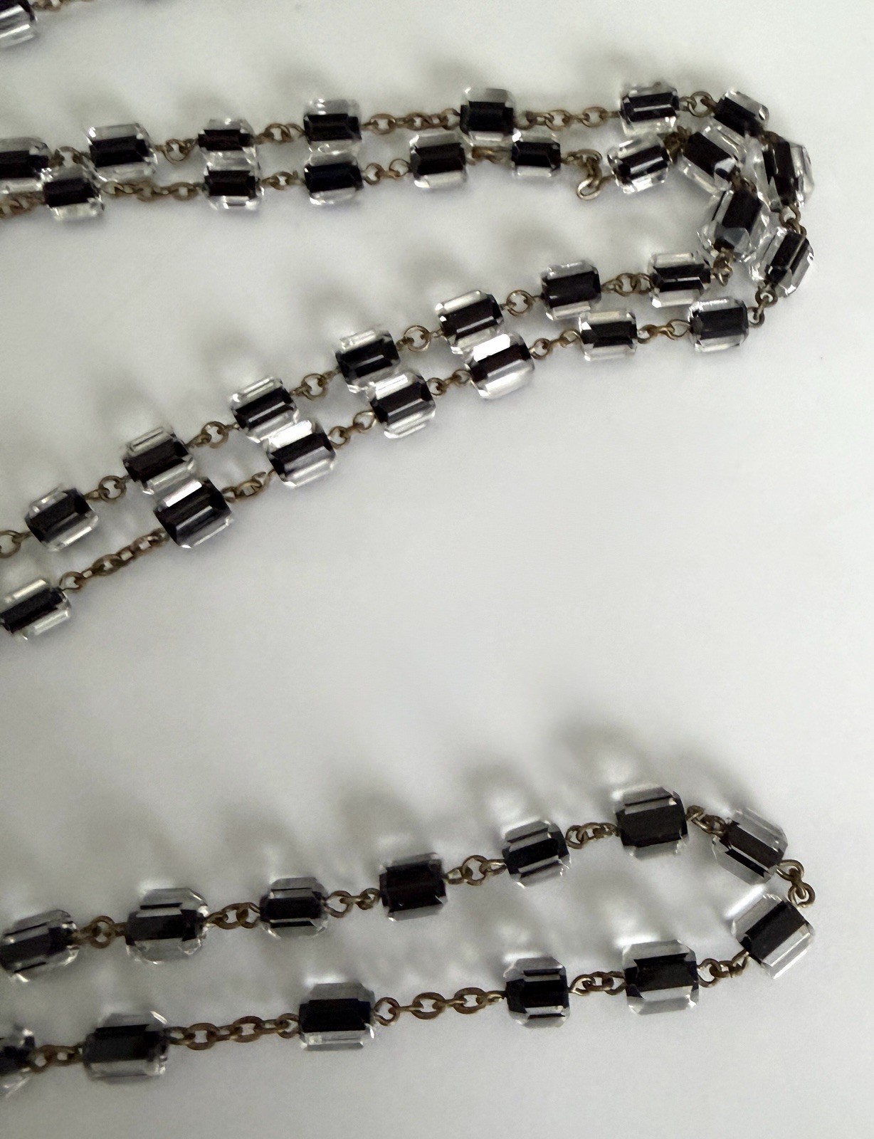 Antique Czech Jet Black & Clear Geometric Glass Bead 60″ + Extra Long Necklace