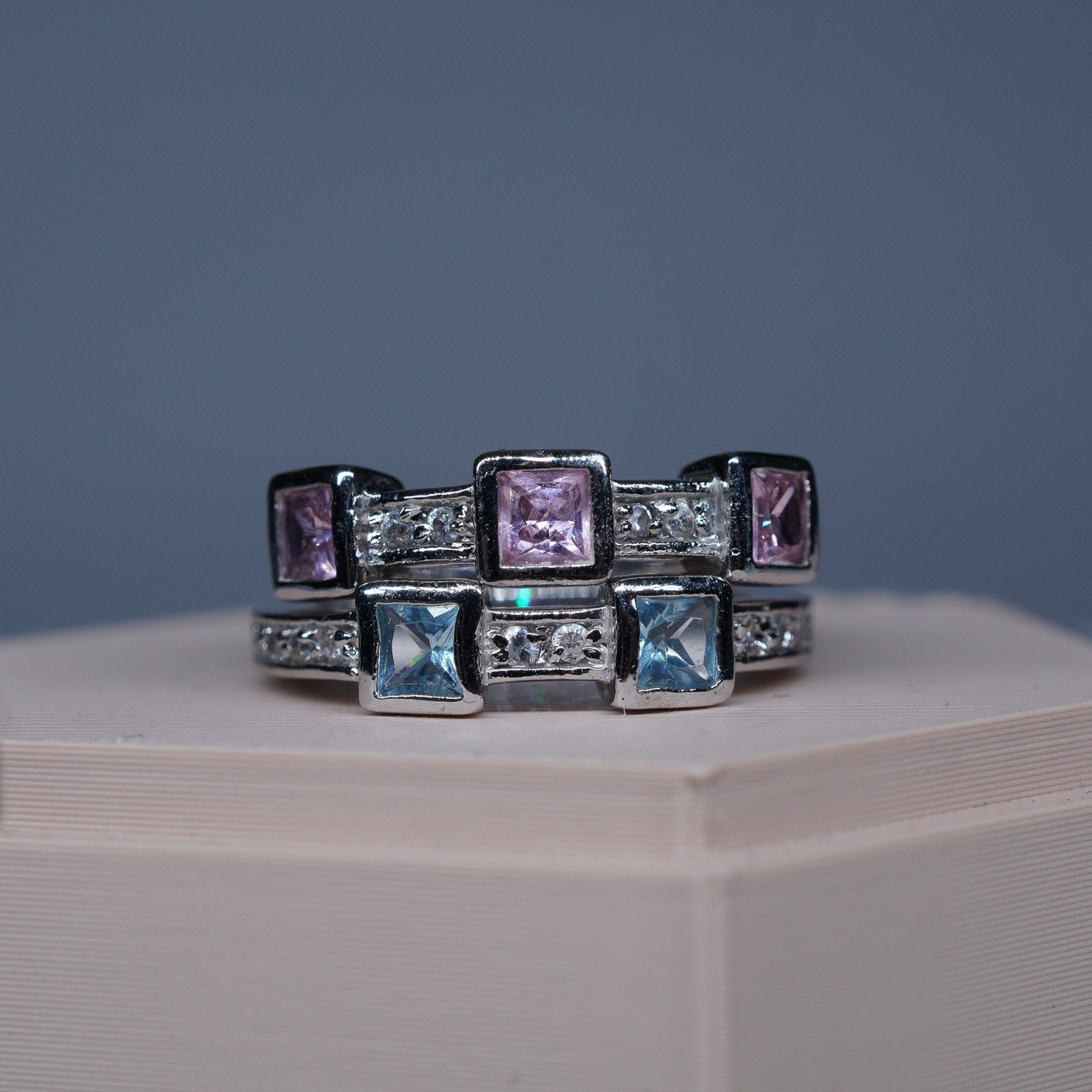 1990’s 18K White Gold-Plated Pink and Blue square stone 2 ring stack