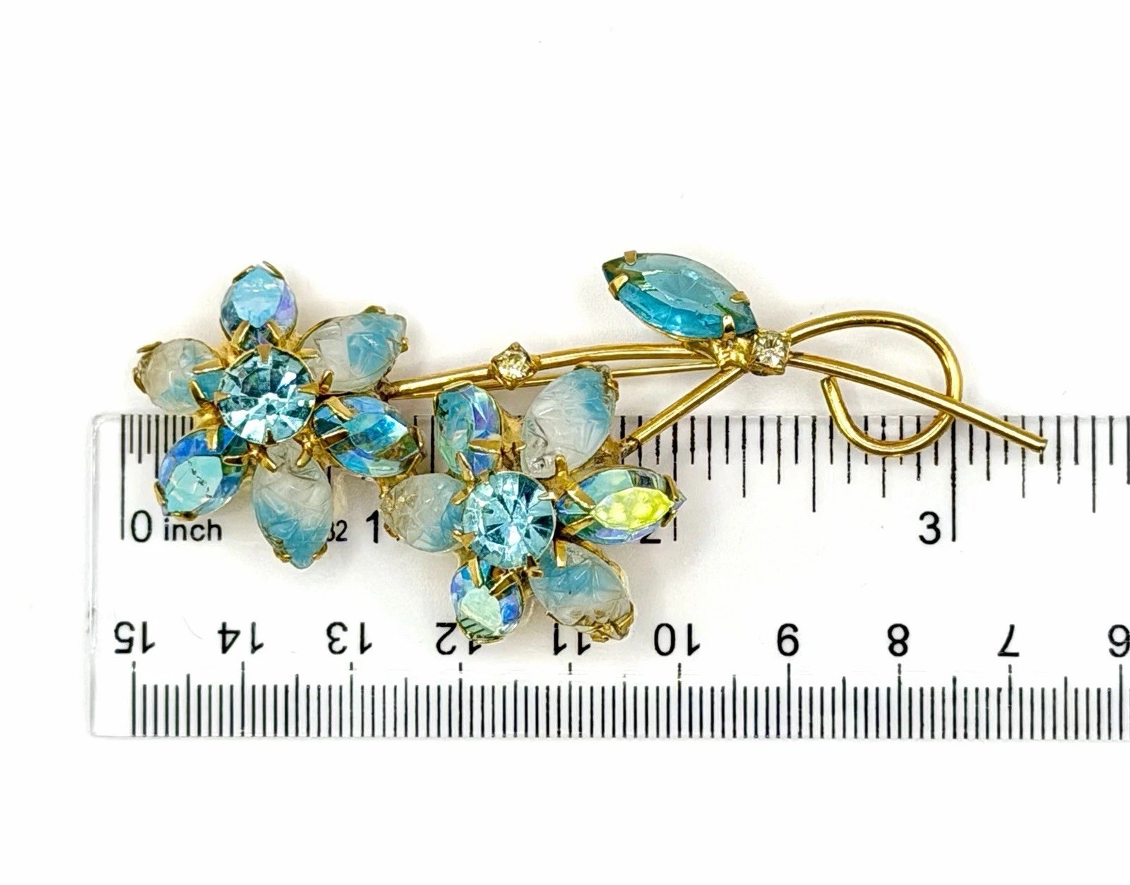 Vintage Blue Aqua Aurora Borealis Rhinestone Flower Brooch Pin Gold Tone MCM