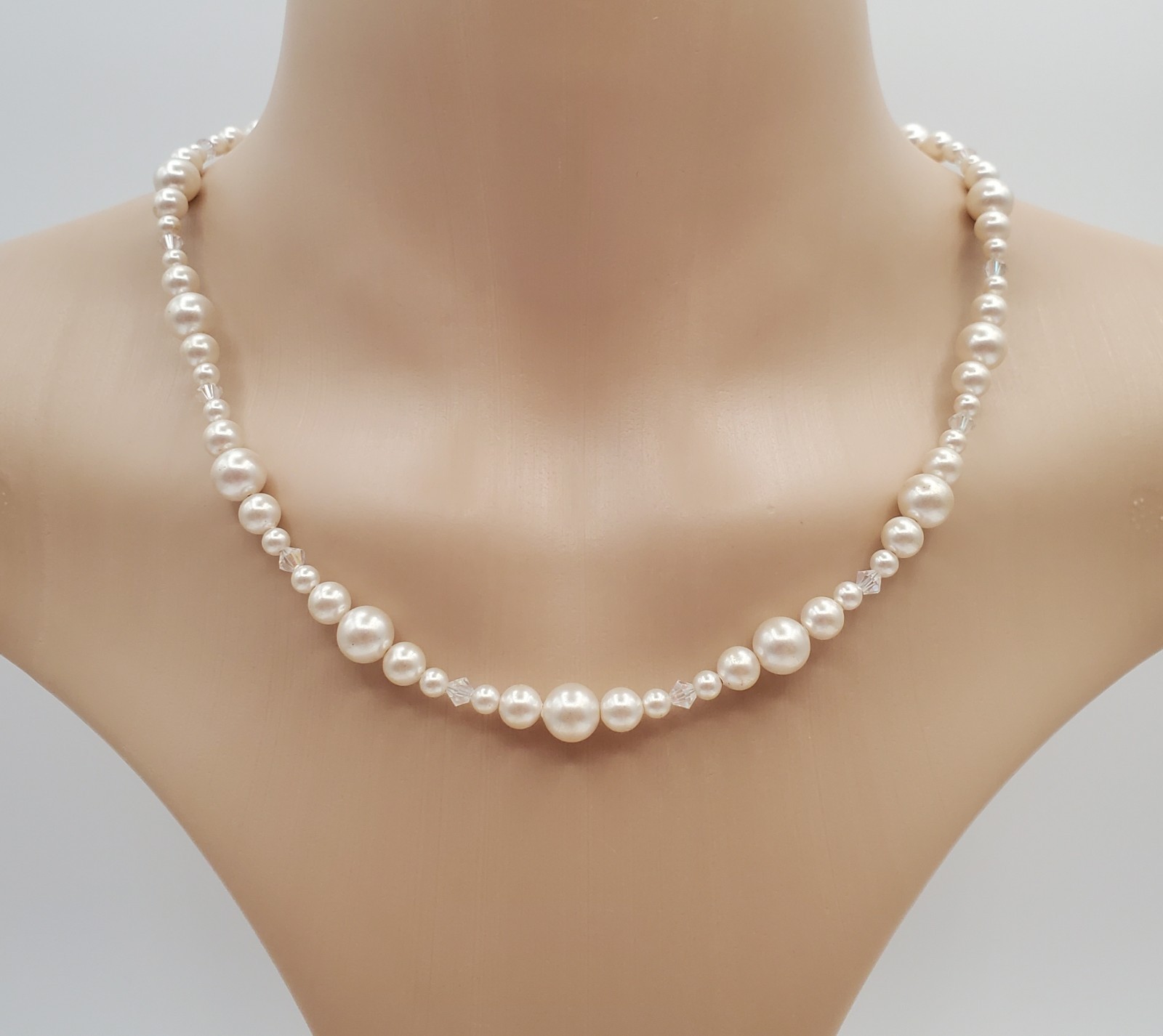 VTG 925 Faux Pearl Bicone Crystal Necklace 18in Sterling Silver 24gtw Estate