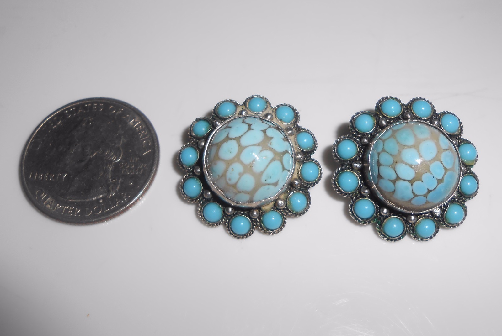 Cannetille Earrings Turquoise Glass 900 Silver Clip Backs Marked YT Antique