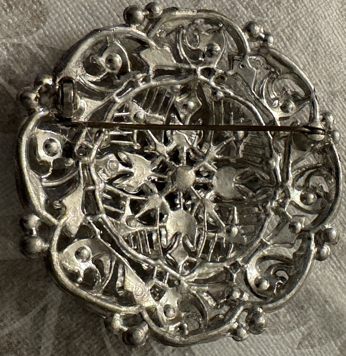 Vintage Brooch New England Glass Works Filigree Rhinestones Silver Round 2.25”