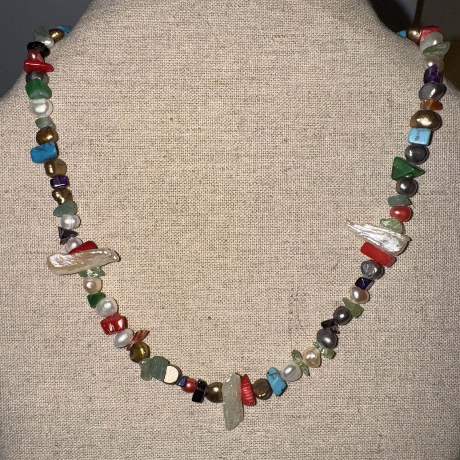 Vintage Multi Gemstone Pearl Turquoise Silver Fish Hook Clasp