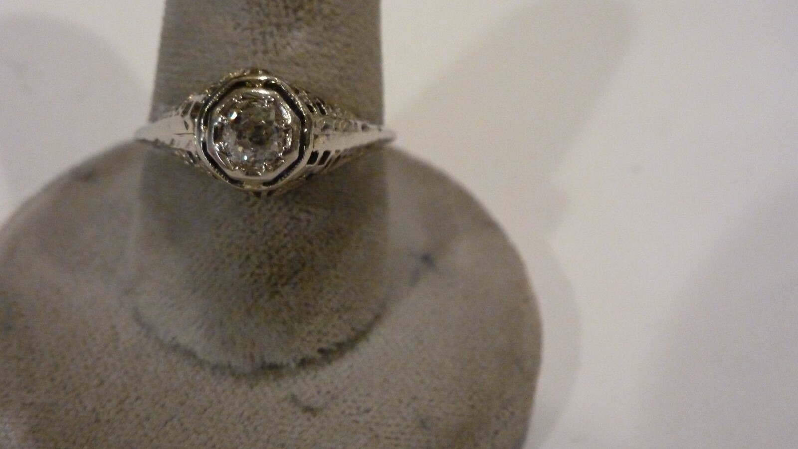 ANTIQUE LADIES 18K WHITE GOLD FILIGREE 50 PT OLD MINE CUT DIAMOND RING SZ 6 3/4