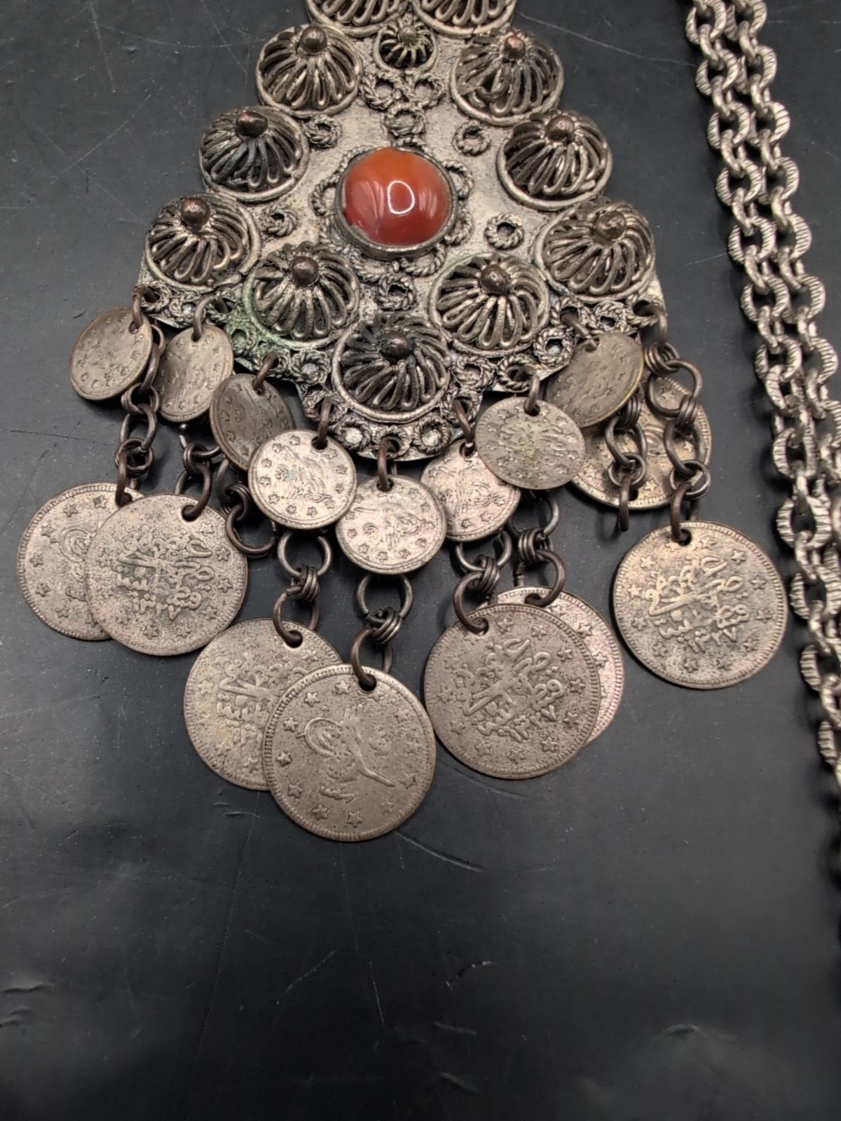 Vintage Tribal Coin Necklace With Glass Stone 24″ Chain