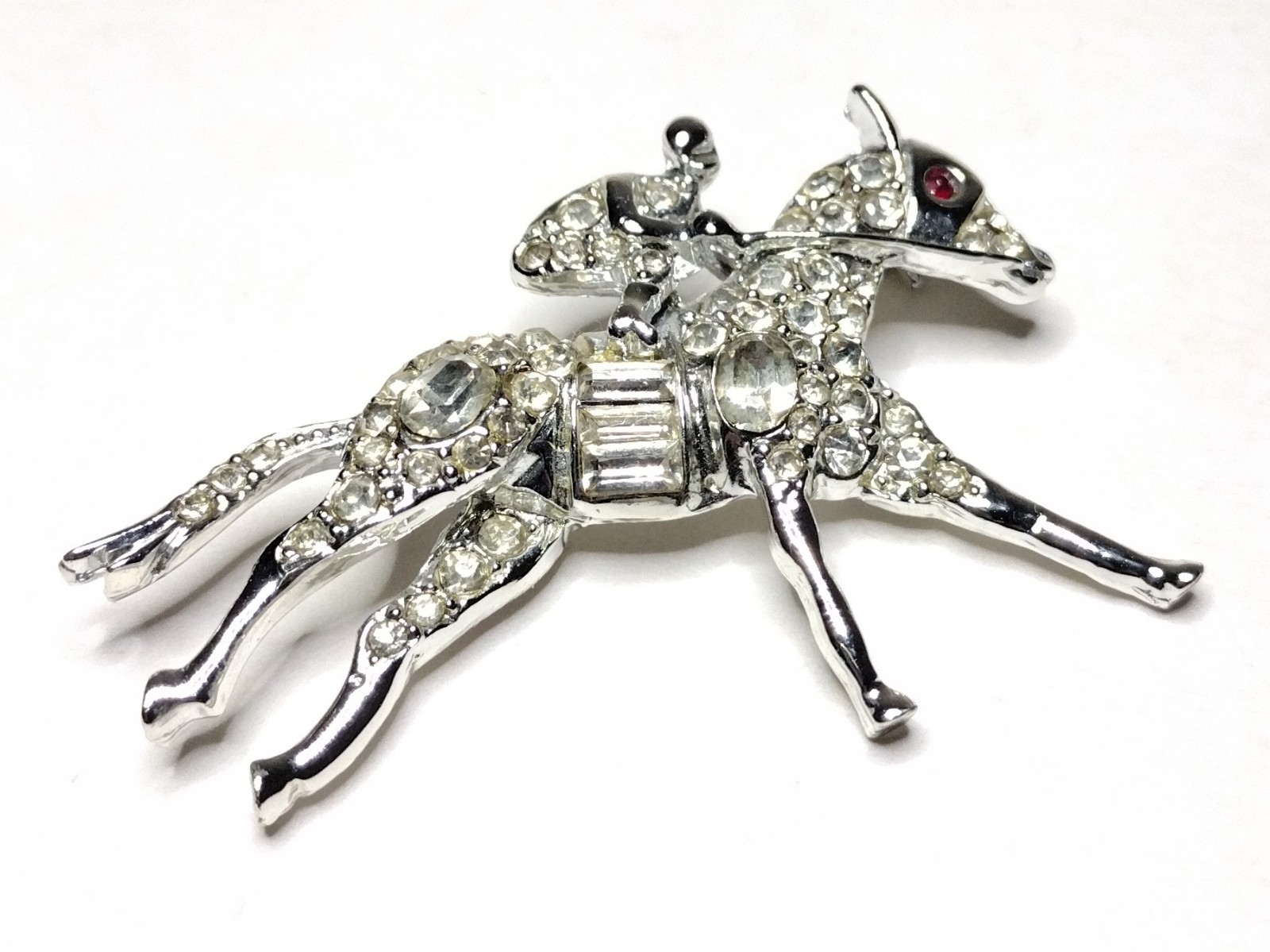 Vtg Rhinestone Equestrian Brooch Pin Derby Race Horse & Rider White Metal PELL ?