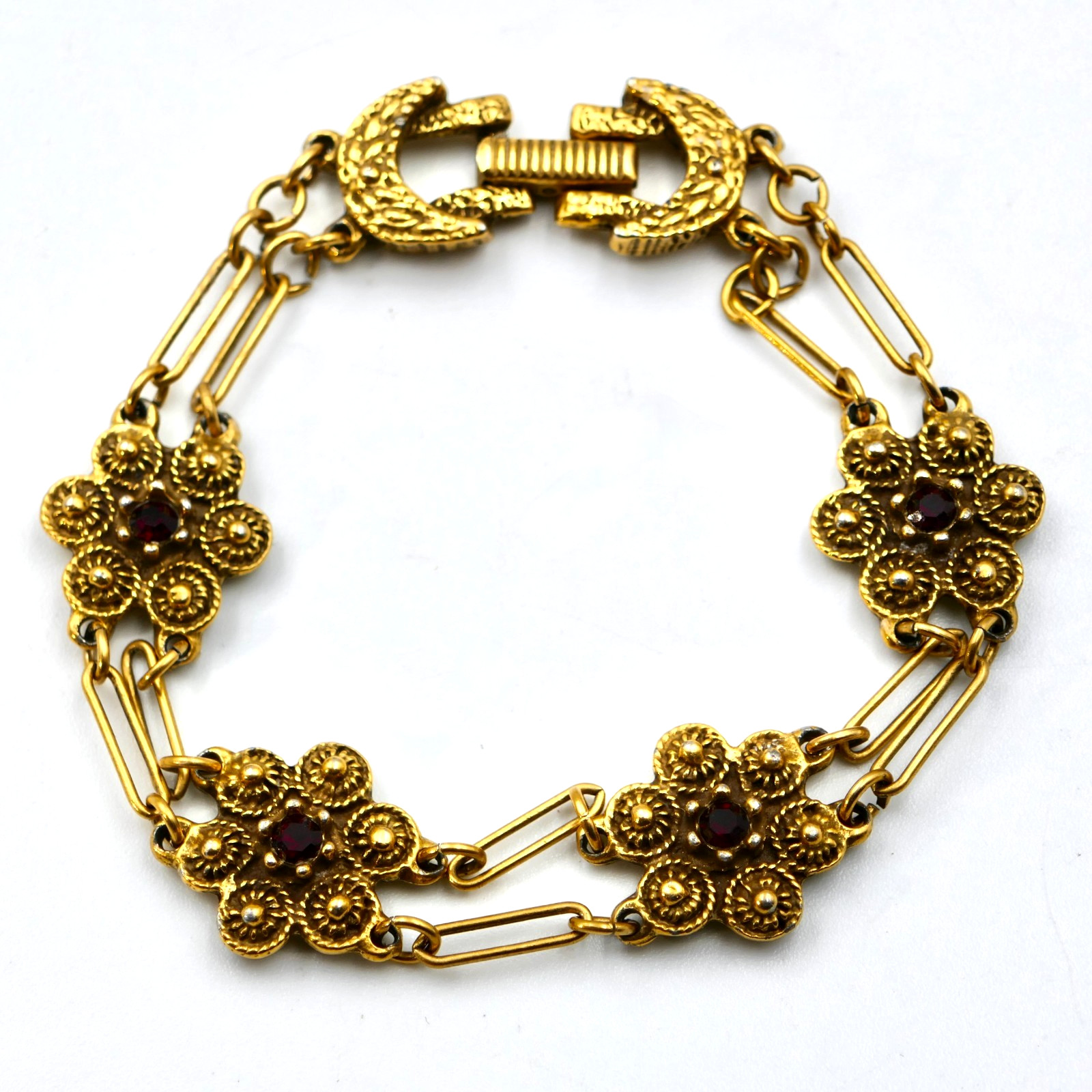 Goldette Red Rhinestone Bracelet 7.25″ Paper Clip Links Floral Gold Vintage