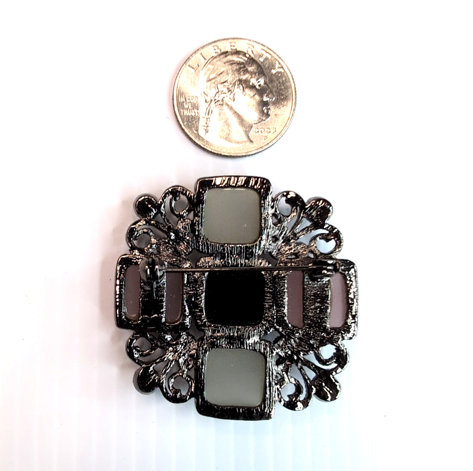 Vintage Geometric Square Brooch Black Pink Gunmetal Silver Tone Openwork Gothic