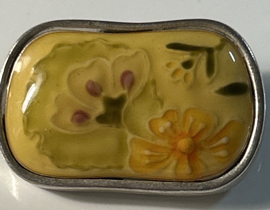 Vintage Hand Painted Glass Floral Brooch Yellow Green Orange Silver Tone 1 3/8”
