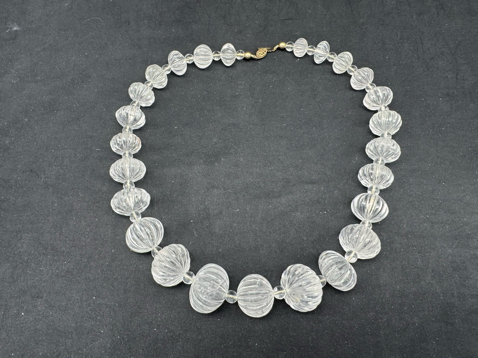 Vintage Hand Carved Rock Crystal MELON BEAD Necklace, 169 grams, 20″
